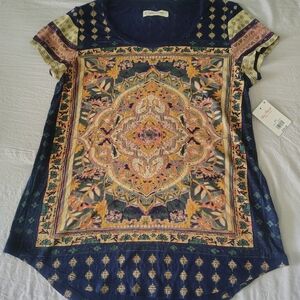 Lucky Brand Navy and Gold Bohemian Blouse